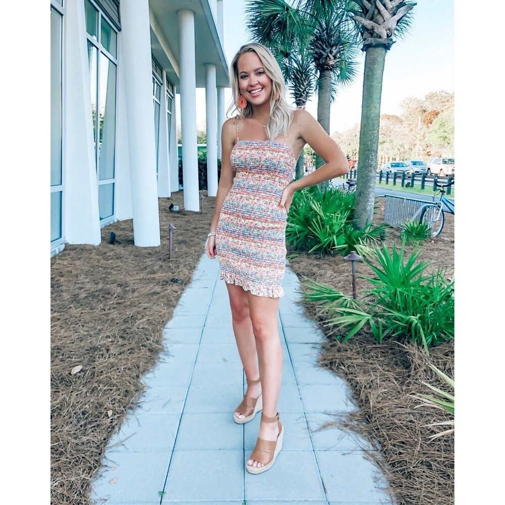 Anna Grace Smocked Dress Features Adjustable Tie Straps and A Ruffled Hem Size S